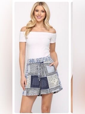 New Patchwork Mixed Print Elastic Waist Shorts